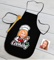 BK Gift Kişiye Özel Bayan Chef Karikatürlü Siyah Mutfak Önlüğü-14