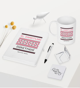 BK Gift Kişiye Özel El Sanatları Öğretmeni Temalı Beyaz Defter Kalem Kupa Ayna Seti