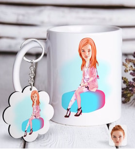 BK Gift Kişiye Özel Kadın Karikatürlü Beyaz Kupa ve Anahtarlık Hediye Seti-32 (Model 1)