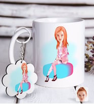 BK Gift Kişiye Özel Kadın Karikatürlü Beyaz Kupa ve Anahtarlık Hediye Seti-32 (Model 1)