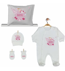 Pia Baby GL 2005 İsme Özel Leylekli Yastık Tulum Set