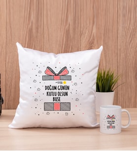 Doğum Günü Hediyesi Kare Yastık ve Beyaz Kupa Bardak