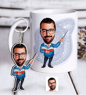 BK Gift Kişiye Özel Bay Öğretmen Karikatürlü Beyaz Kupa ve Anahtarlık Hediye Seti-4 (Model 1)