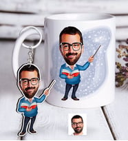 BK Gift Kişiye Özel Bay Öğretmen Karikatürlü Beyaz Kupa ve Anahtarlık Hediye Seti-4 (Model 1)