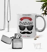 BK Gift Kişiye Özel Yakışıklı Babam Krom Kupa Benzinli Çakmak Kolye Seti-5 (Model 1)