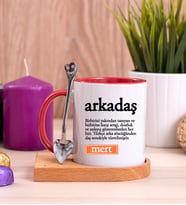 Arkadaş Kelime Anlamı Ahşap Altlıklı Kırmızı Kupa Bardak