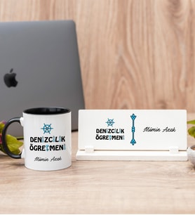 Denizcilik Öğretmeni Siyah Kupa Bardak Ve Masa İsimliği Hediye Seti