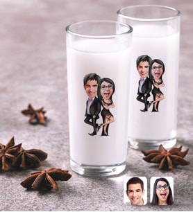 BK Gift Kişiye Özel Renkli Baskılı Sevgililer Karikatürlü İkili Rakı Bardağı Seti-6 (Beyaz)