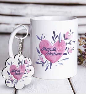 BK Gift Kişiye Özel Sevgililer Günü Beyaz Kupa ve Anahtarlık Hediye Seti-22 (Model 1)