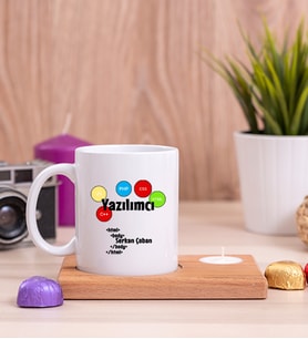 Yazılımcı Ahşap Altlıklı Mumlu Beyaz Kupa Bardak