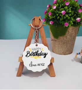 Happy Birthday Tasarımlı Kişiye Özel Doğum Günü Hediyesi Ahşap Anahtarlık