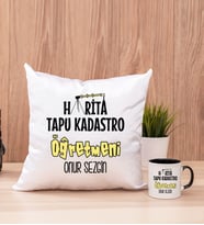 Harita Tapu Kadastro Öğretmeni Kare Yastık ve Siyah Kupa Bardak