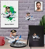 Kişiye Özel Pilot Karikatürlü 5 li Hediye Seti Bay-5