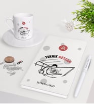 BK Gift Kişiye Özel Teknik Ressam Beyaz Defter Kalem Türk Kahvesi Fincanı Seti-2 (Model 1)