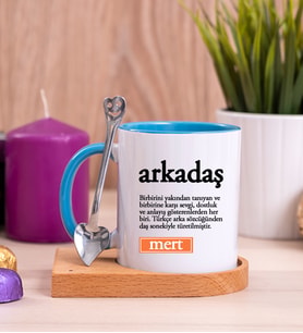 Arkadaş Kelime Anlamı Ahşap Altlıklı Mavi Kupa Bardak