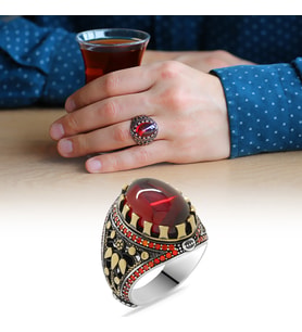 Kırmızı Zirkon Taşlı Oval Tasarım 925 Ayar Gümüş Erkek Yüzük