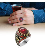 Kırmızı Zirkon Taşlı Oval Tasarım 925 Ayar Gümüş Erkek Yüzük