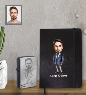 Kişiye Özel Öğretmen Karikatürlü Siyah Defter Çakmak Hediye Seti Bay-7 (Model 1)