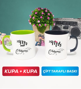 İkili Çiftlere Özel Mr Mrs Sevgiliye Hediye Kupa Bardak Yeşil Siyah