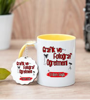 Grafik Ve Fotoğraf Öğretmeni Sarı Kupa Bardak Ve Anahtarlık Set