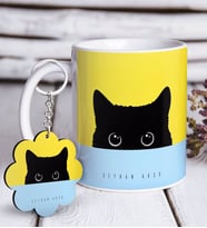 BK Gift Kişiye Özel Sevimli Kedi Beyaz Kupa ve Anahtarlık Hediye Seti-1 (Model 1)