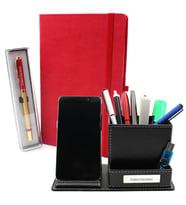 Kişiye Özel Kırmızı Defter & Gold Detaylı Roller Kalem & Masaüstü Telefonlu Kalemlik Hediye Seti (Model 1)