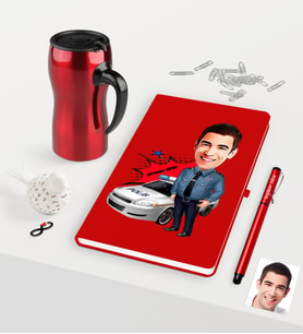 BK Gift Kişiye Özel Bay Trafik Polisi Karikatürlü Kırmızı Defter Kalem Termos Mug Seti-2 (Model 1)