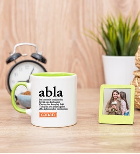 Abla Kelime Anlamı Yeşil Kupa Bardak ve Yeşil Mini Fotoğraf Çerçevesi