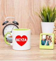 İsim Yazılı Kırmızı Kalpli Yeşil Kupa Bardak ve Yeşil Mini Fotoğraf Çerçevesi