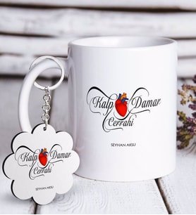 BK Gift Kişiye Özel Mesleki Kalp Damar Cerrahi Beyaz Kupa ve Anahtarlık Hediye Seti-3 (Model 1)