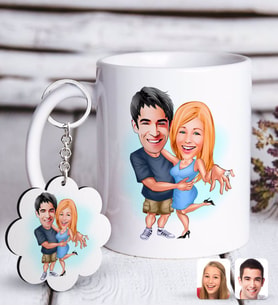 BK Gift Kişiye Özel Sevgililer Karikatürlü Beyaz Kupa ve Anahtarlık Hediye Seti-14 (Model 1)