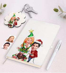 BK Gift Kişiye Özel Sevgili Yeni Yıl Karikatürlü Beyaz Defter Kalem ve Anahtarlık Hediye Seti-1 (Model 1)