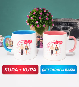İkili Sevgiliye Sevgililer Günü Hediyesi 4 Kupa Bardak Mavi Pembe