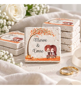 30 Adet Kişiye Özel Baskılı Doğal Taş Magnet 5x5cm Söz, Nikah, Nişan Hatırası (Beyaz)