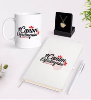 BK Gift Kişiye Özel Canım Öğretmenim Beyaz Kupa Defter Kalem ve İsimli Papatya Kolye Hediye Seti-11 (Model 1)