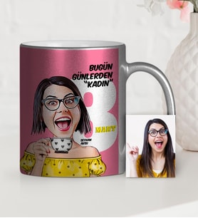 BK Gift Kişiye Özel Kadınlar Günü Temalı Karikatür Gümüş Yaldızlı Kupa Bardak  3