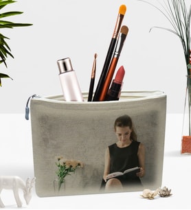 BK Gift Kişiye Özel Fotoğraflı Keten Makyaj Çantası (Bej)