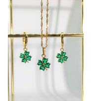 Yeşil Şans Yoncası Swarovski  Altın Kaplama Kolye Küpe Set