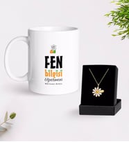 BK Gift Kişiye Özel Fen Bilgisi Öğretmeni Beyaz Kupa ve Papatya Kolye Hediye Seti (Model 1)