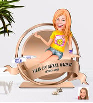 BK Gift Kişiye Özel Kadın Karikatürlü 3D Ahşap Biblo Plaket-42 (Beyaz)