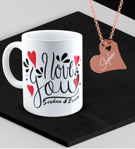 BK Gift Kişiye Özel Sevgililer Temalı Kupa ve Rose Kalp Kolye Set - 82
