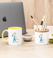 Erkek Diş Hekimi Karikatürü Sarı Kupa Bardak Ve Kalemlik Seti