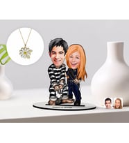 BK Gift Kişiye Özel Sevgililer Karikatürlü 3D Ahşap Biblo ve Çift İsimli Papatya Kolye Seti-7 (Model 1)