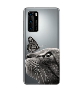 Kedi Kelebek Tasarımlı Süper Şeffaf Silikon Telefon Kılıfı Huawei P40 Pro