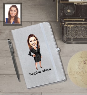 Kişiye Özel İş Kadını Karikatürlü Gri Defter Kalem Hediye Seti  Bayan-21