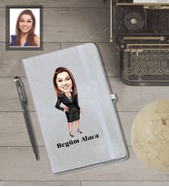 Kişiye Özel İş Kadını Karikatürlü Gri Defter Kalem Hediye Seti  Bayan-21
