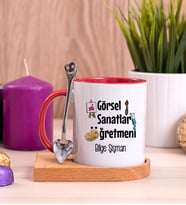 Görsel Sanatlar Öğretmeni Ahşap Altlıklı Kırmızı Kupa Bardak