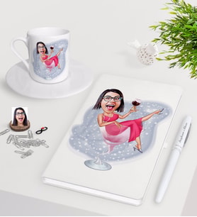 BK Gift Kişiye Özel Bayan Karikatürlü Beyaz Defter Kalem Türk Kahvesi Fincanı Seti-22 (Model 1)
