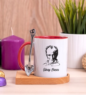 Atatürk Siluetli Ahşap Altlıklı Kırmızı Kupa Bardak