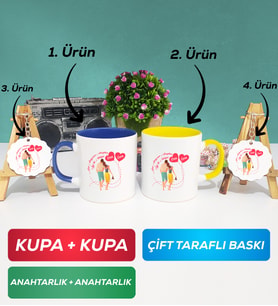 İkili Lacivert Sarı Sevgiliye Sevgililer Günü Hediyesi 1 Kupa Bardak Anahtarlık